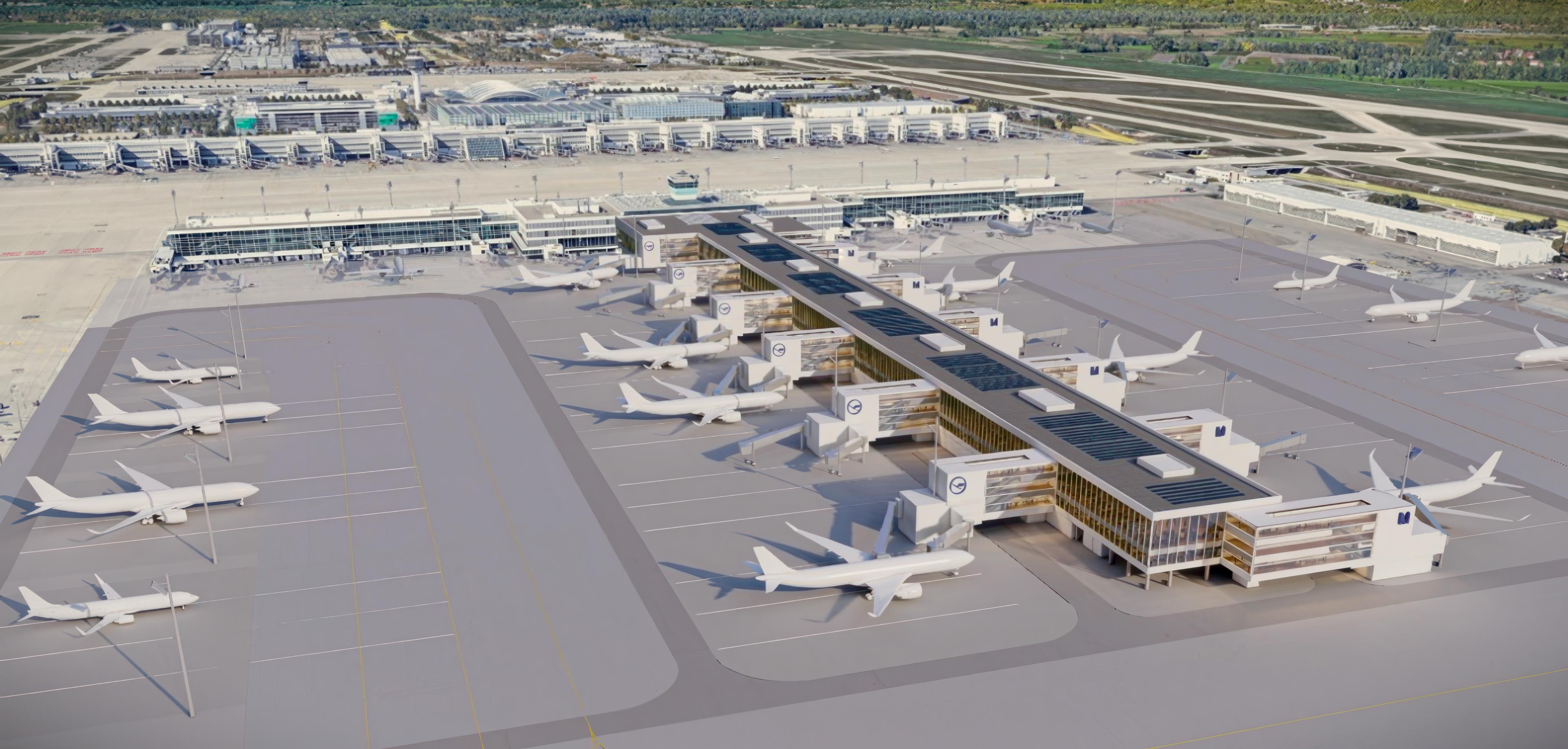 Visualisierung des geplanten »T-Stiels«: Erweiterung des Terminal 2-Satelliten am Flughafen München mit 10 Mio. zusätzlichen Passagierkapazitäten.